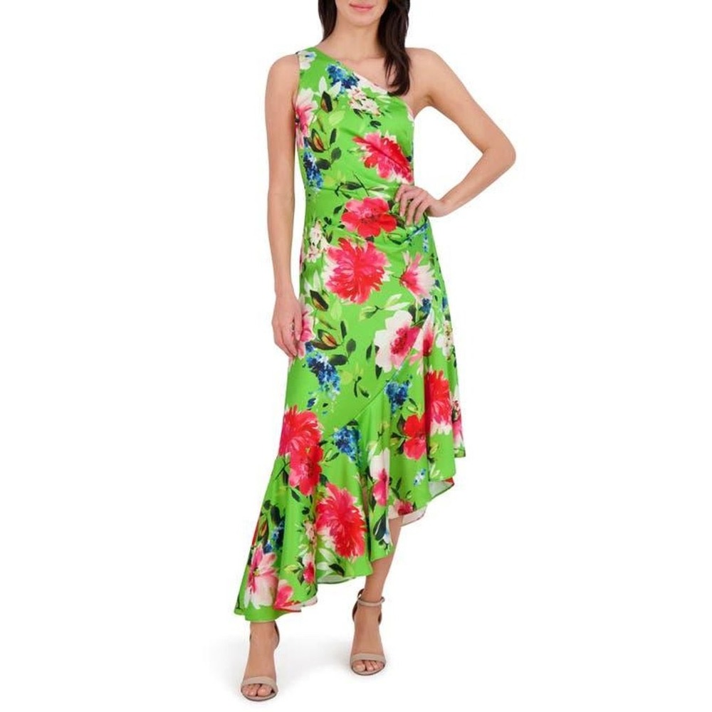 Eliza J‎ Lime Green Floral One Shoulder High Low Ruffle Satin Midi Dress NEW 6